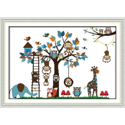 Happy zoo cross stitch kit owl monkey cartoon animal Aida count 18ct 14ct 11ct print embroidery DIY handmade needlework supply