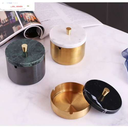Nordic Marble Cover Metal Ashtray with Cover Anti Fly Ash Stainless Steel Soot Storage Tank Brass Multifunction Round Ashtray