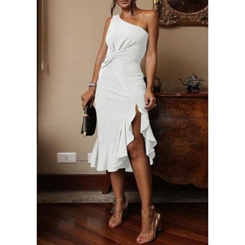 2021 Summer New Womens Sleeveless Pure Color Slanted Shoulder Irregular Dress white dress women clothes