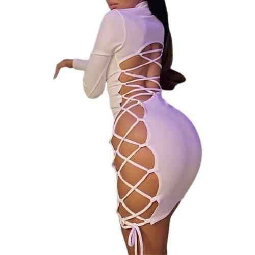 IMCUTE Sexy Round Neck Hollow Lace-up Drawstring Hip Dress Women Spring/Autumn Long Sleeve Tight Dress Nightclub Bar Slim Dress