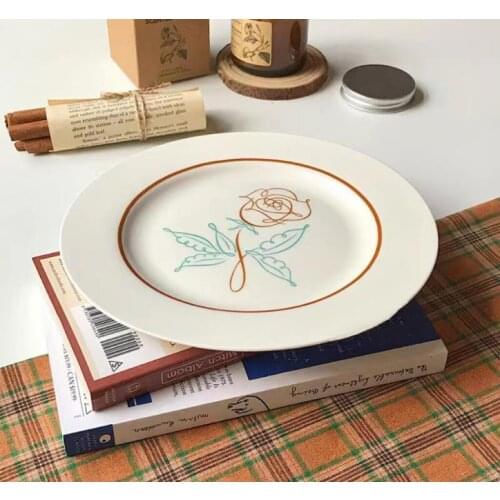 Simple Retro Dessert Salad Western Plate Ceramic Hand-Painted French Household Plate Pattern Kitchen Utensils