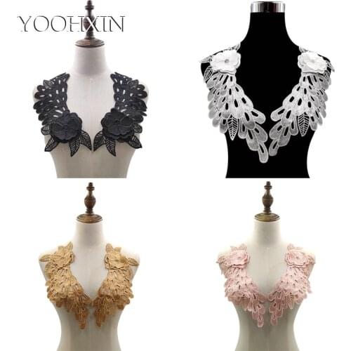 Luxury 4colors flower embroidery DIY lace collar Fabric Sewing ribbon trim Applique neckline craft cloth Wedding textile 1pair