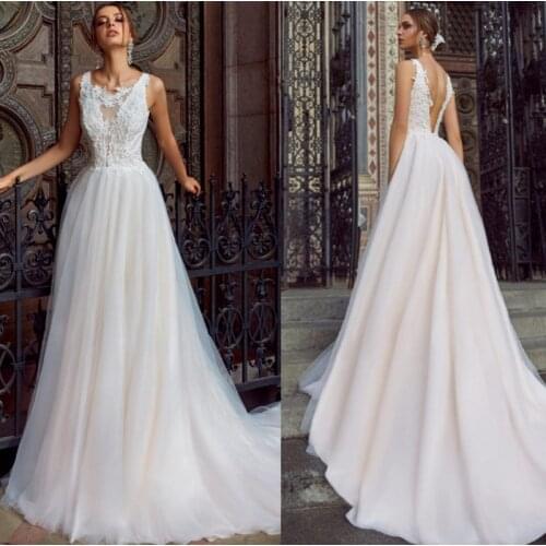 Sccop Simple Sleeveless Applique Lace Sweep Train A-Line Backless Wedding Gown Wedding Dress Bride robe de mariée