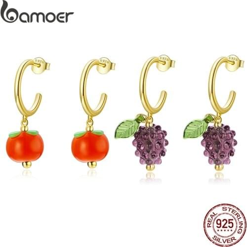 Bamoer 925 Sterling Silver Earrings Glazed Persimmon Grape Charm Fruit Gold Stud Earrings for Women Fashion Jewelry SCE1212