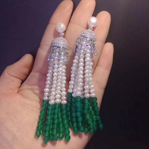 One pair white freshwater pearl earrings zircon green agate round 3-4mm wholesale beads FPPJ nature