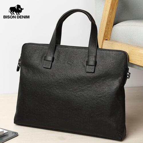 BISON DENIM Genuine Leather Men Bag Business 14" Laptop Handbag Double Zipper Messenger Bags Cowhide Male Shoulder Bag N2980-3