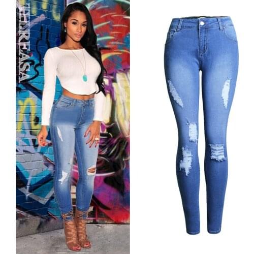 Europe and The United States Hot Slim Pencil Pants Stretch Jeans Womens Hole Pants Pants Show Thin Tide