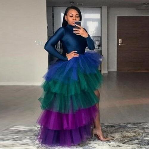 Multi color High Low Tulle Skirts High Street Custom Made Long Tiered Tutu Skirt Women To Party Female Maxi Prom Skirt Plus Size
