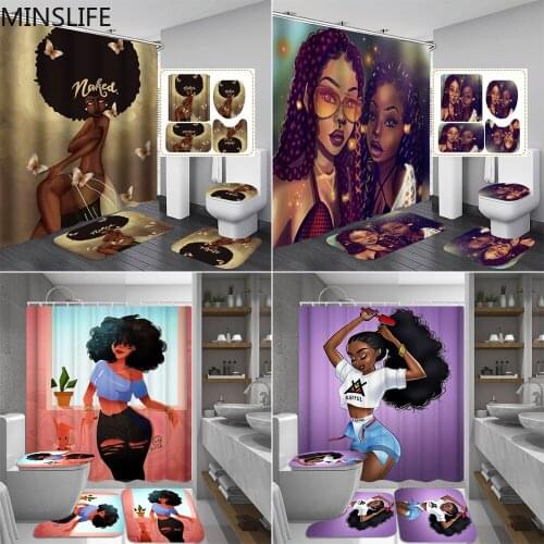 African Shower Curtain Set Captivating Black Lady Pattern Bathroom Curtains Set Non-slip Mat Rugs Toilet Lid Cover Home Decor