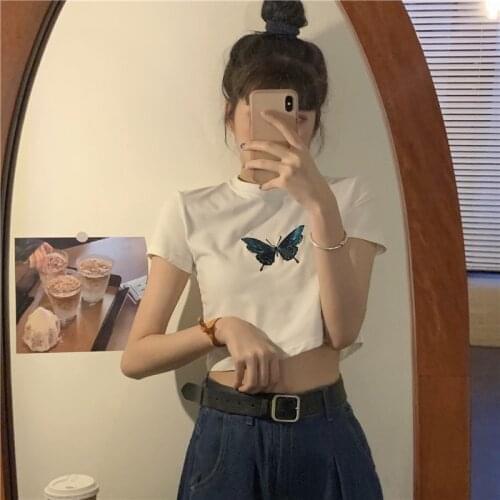 Women T-shirt Cute Butterfly Printed Sexy Crop Tops Tshirt Tee Funny Fashion Vogue Cartoon T Shirt Harajuku Streetwear Clothes
