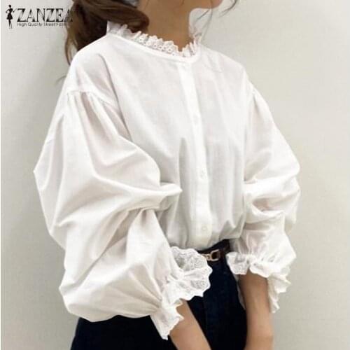 Womens Lace Patchwork Blouses ZANZEA 2021 Elegant Autumn Shirts Puff Sleeve Blusas Female Solid Button Casual Tunic Oversize