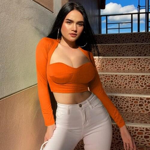 Women Low Cut Shirts Female Pullover Solid Deep V-neck Long Sleeve Crop Tops Short Elastic Shirts Blouses 2021