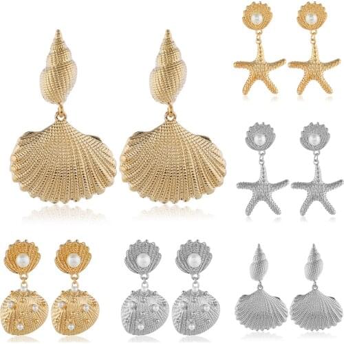 Fashion creative earrings for women with alloy imitation shell/starfish and inlay faux pearl design female earrings kolczyki