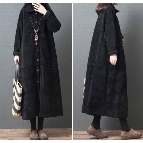 2020 New Autumn Winter Long Trench Coats Women Vintage Corduroy Plus Velvet Korean Loose Large Size Long Sleeve Overcoats XA1131