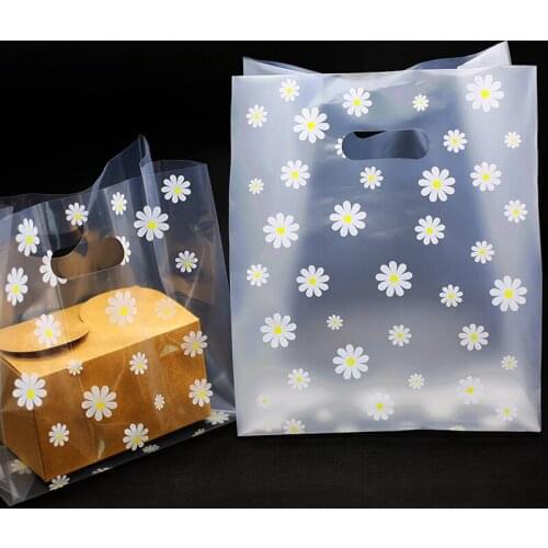 25Pcs Plastic Kitchen Storage Bag Fahsion Daisy Flower Printed Matte Tranparent Tote Bag for Fruits Snacks Cosmetics Organizer