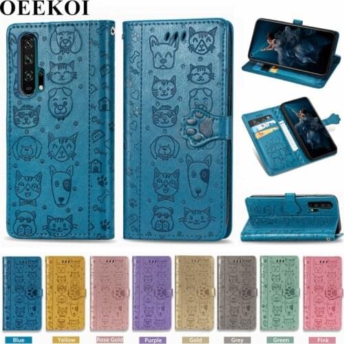 OEEKOI Cartoon Style Cat Dog Wallet Flip Cover Case for Huawei Honor 20 Pro with Card Slot Holder