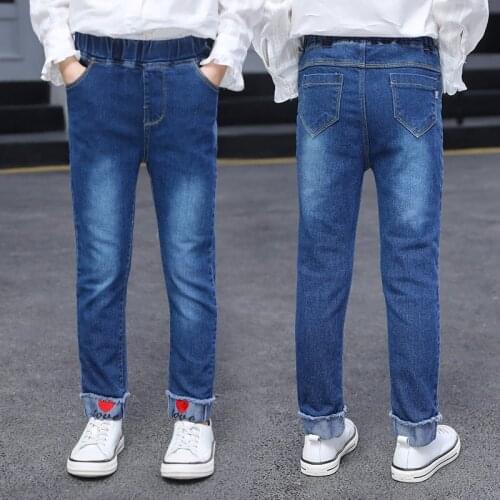 Kids Pants Girls Fashion High Quality Jeans Trousers 2021 Spring Children Embroidery Heart Clothing Teenager Denim Pencil Pants