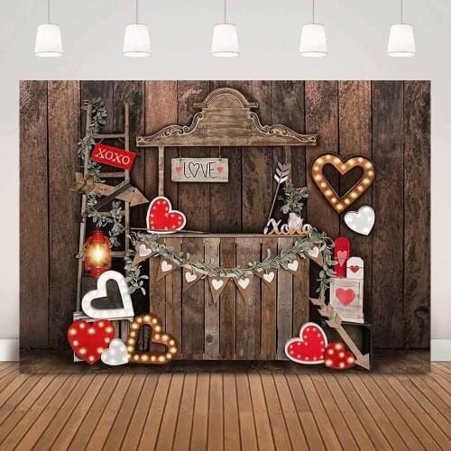 Backdrop Rustic Wood Wall Valentines Day Photocall XOXO Love Heart Lamp Background Photo Studio Lover Wedding Photo Shoot