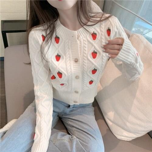 Embroidery Cardigans Knit Sweet Kawaii Long Sleeve Short Mujer Chaqueta Autum Winter V Neck Cherry Sweaters Women Tops Coats