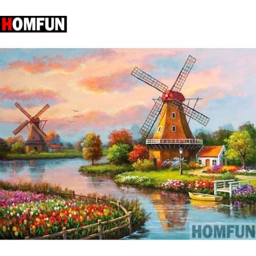 HOMFUN Square Round Drill 5D Diamond Painting Environmental Crafts Full Diamond Embroidery"Windmill landscape" Home decor A10028