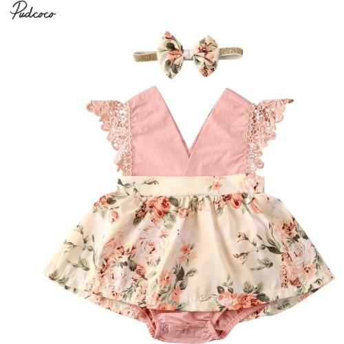 2020 Lovely 0-24M Newborn Infant Baby Girls Romper Dress Floral Sleeveless Lace Pink V Neck Princess Jumpsuits Headband Sundress