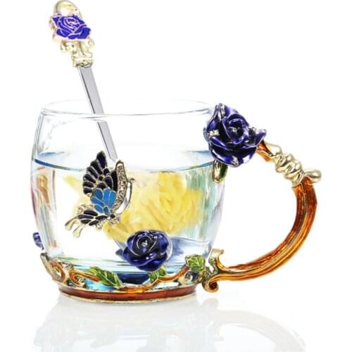 Hot!! Flower Tea Water Cup With Gift Box Rose Enamel Crystal Cup Mug for Women Mum Sister Craft Glass Coffee Mugs Drinkware