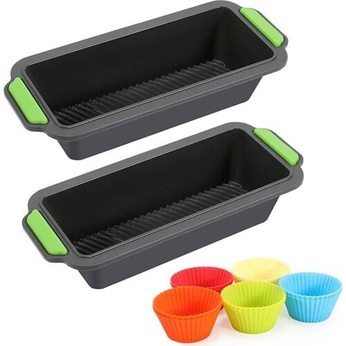 Set of 2 Slicone Bread Tins for Baking + 10Pcs Reusable Cupcake Molds, Non-Stick Rectangular Loaf Tin Bakeware Set,Bread