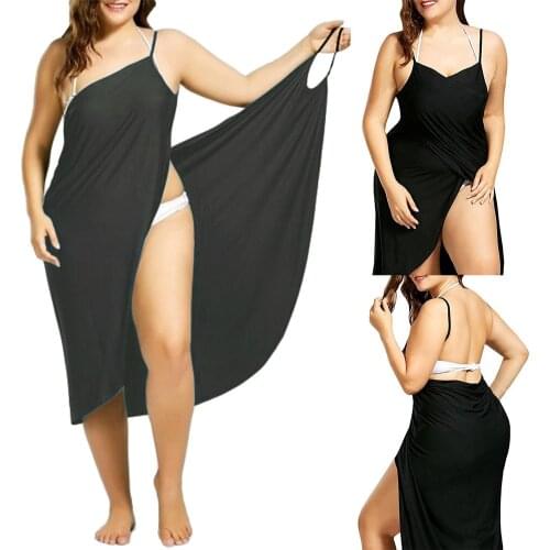 Summer Women Sexy Beach V-Neck Sling Dress Plus Size Beach Sexy Women Solid Color Wrap Dress Bikini Cover Up Sarongs Robe Female