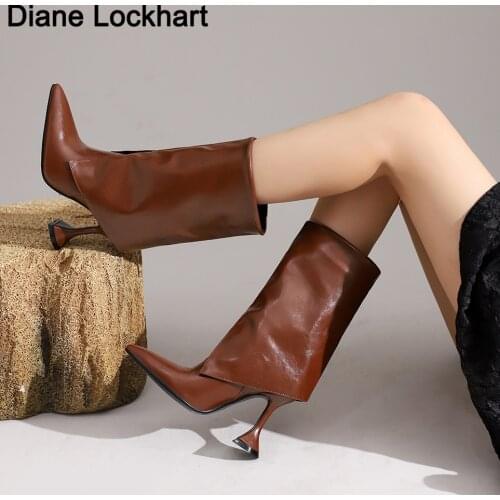 Sexy Pointed Toe Fold Boots Autumn Winter Fashion Womens Shoes Straight Stiletto Retro Cover Trouser Boots Chaussures Femelle