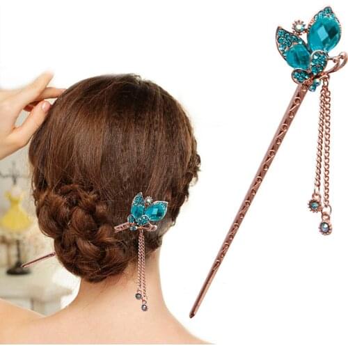 Rhinestone Butterfly Hair Stick,Blue Crystal Hairpin,Chinese Hair Chopsticks Vintage Tassel Hairpin for Women
