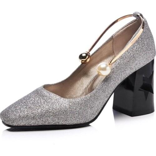 Big Size Square head Sequin platform shoes ladies high heels women shoes woman pumps