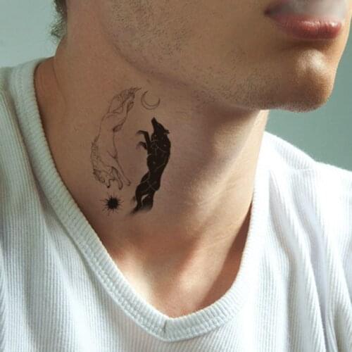 Black Wolf Sun Waterproof Temporary Tattoo Sticker White Fox Moon Fake Tattoos Flash Tatoo Arm Chest Neck Body Art for Women Men