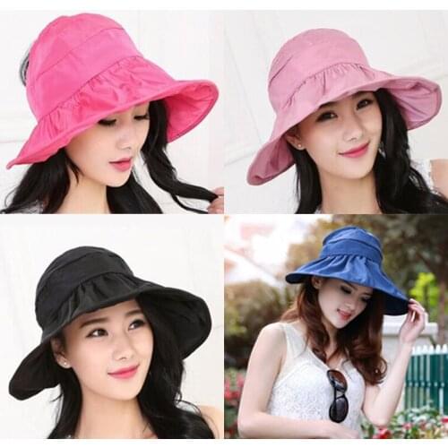 Hot Fashion Brimmed Sun Hats Foldable Women Sunhats Self-tie Solid Hat Summer Beach Floppy Cap Headwear
