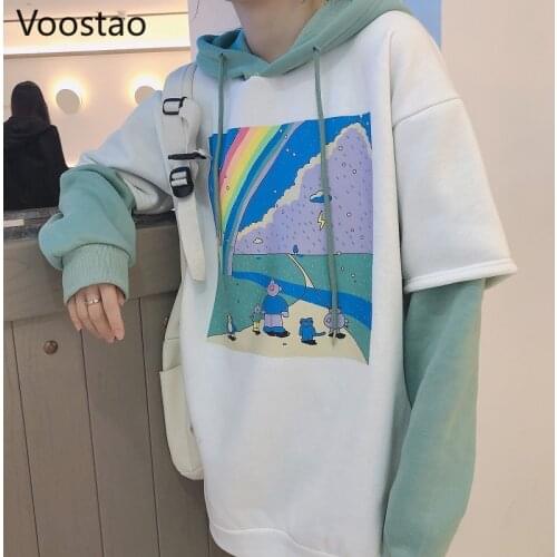 Sweet Hoodies Women Cartoon Rainbow Sweatshirts Oversized Hooded Pullover Spring Autumn Girl Korean Fake Two Pieces Coat Tops