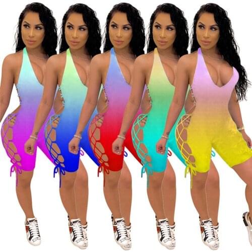 Women Sexy Tie-Dye Printed Jumpsuit Summer Fashion Cutout Lace Up Backless Sling Bodysuit Gym Sport Clothes For Women Jumpsuit