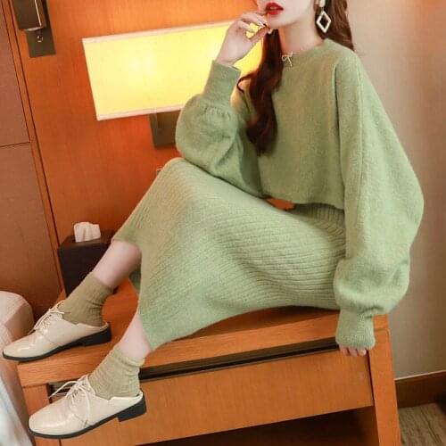 Korean Knitted 2 Pieces Set Women Pullovers Long Sleeve Sweater Crop Tops Knitted Vest Skirts Bodycon Office Lady Skirts Suits