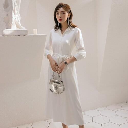 YIGELILA Autumn New Arrivals White Dress Turn-down Collar Casual Dress A-line Lantern Sleeves Mid-calf Dress 65156