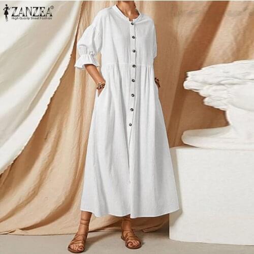 ZANZEA Women Vintage Shirt Dress 2021 Summer Pleated Short Sleeve Maxi Vestidos Casual Solid Button Up Oversize Loose Sundress 7