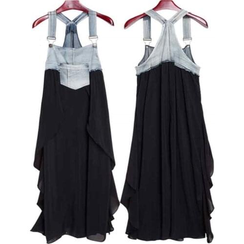 2021 New Summer Women Plus Size Square Collar Elegant Pocket Long Dress Sling Loose Casual Chiffon Patchwork cowboy Black Dress