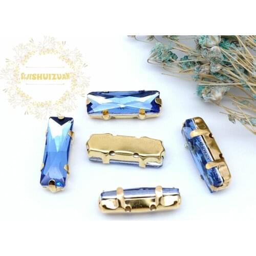5*10mm 5*15mm 20pcs Light Sapphire Rectangular Crystal Glass Sewing Rhinestones with gold Claw Diy wedding Dress and Bags