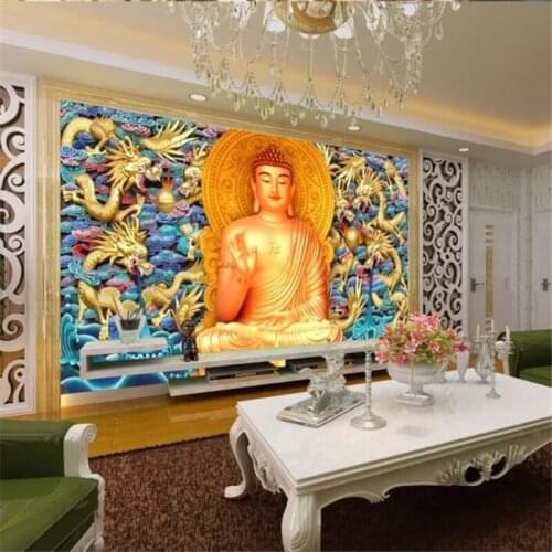 Beibehang Custom 3d wallpaper golden dragon embossed Buddha mural background wall living room bedroom wallpaper papel de parede