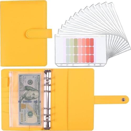 A6 PU Leather Notebook Binder Planner Organizer Budget Cash Envelope System with Binder Zipper Pocket,Colorful Category Labels