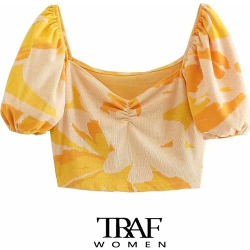 TRAF Za Women Fashion Pleated Jacquard Cropped Knit Blouses Vintage Square Collar Puff Sleeve Female Shirts Chic Tops