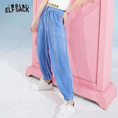 ELFSACK Solid Pure High Waist Straight Casual Minimalist Women Pants 2021 Summer Drawstring Korean Ladies Daily Basic Trouser