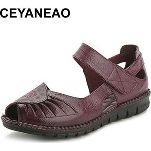 CEYANEAOSoft Printing Cow Leather Shoes Fashion Sandals Breathable Comfortable Women Sandals Flat Shoes Fish Head Summer Sandals