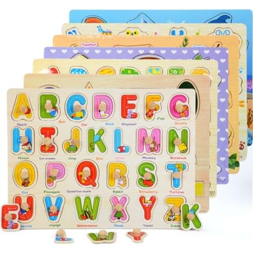 Wooden Learning ABC Digital Cognitive Matching Puzzle Baby Hand Grab Tangram Jigsaw Board Kids Montessori Educational Math Toys