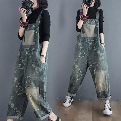 Streetwear Retro Printed Denim Overalls Womens Casual Loose Look Thin Slimming All-match Harem Pants 2021Bib Jumpsuit Trousers