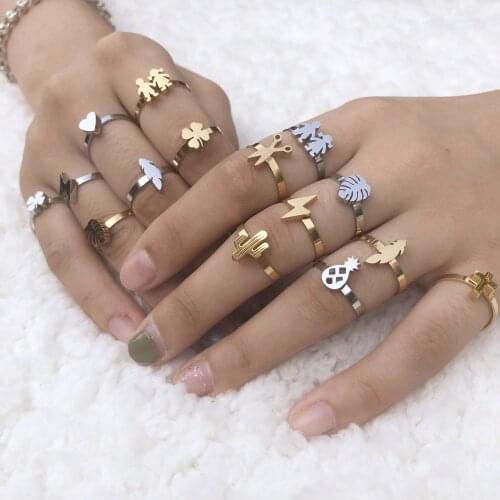 Feather Clover Leaf Heart Shaped Stainless Steel Ring Set Rings For Women Adjustable Female Fashion Jewelry Accessories