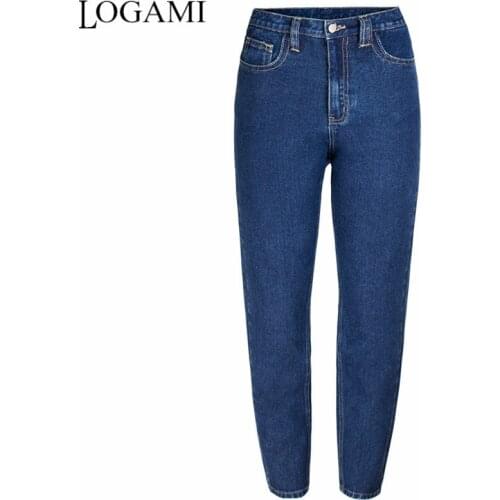 LOGAMI Boyfriend Jeans for Women High Waist Mom Jeans Ladies Straight Denim Pants Dark Blue