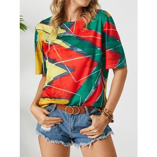 Fashion Round Neck Print Loose Casual Short Sleeve T-Shirt Color Matching Comfortable T-Shirts Chic Ladies Clothes Outfit